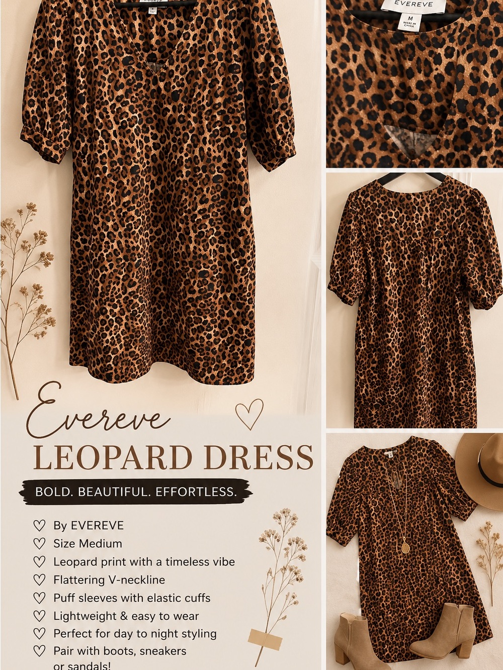 Evereve Tan and Black Leopard V-Neck Dress